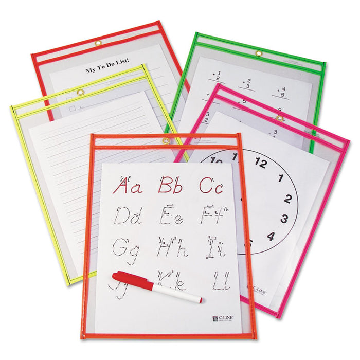 Reusable Dry Erase Pockets, 9 x 12, Assorted Neon Colors, 25/Box