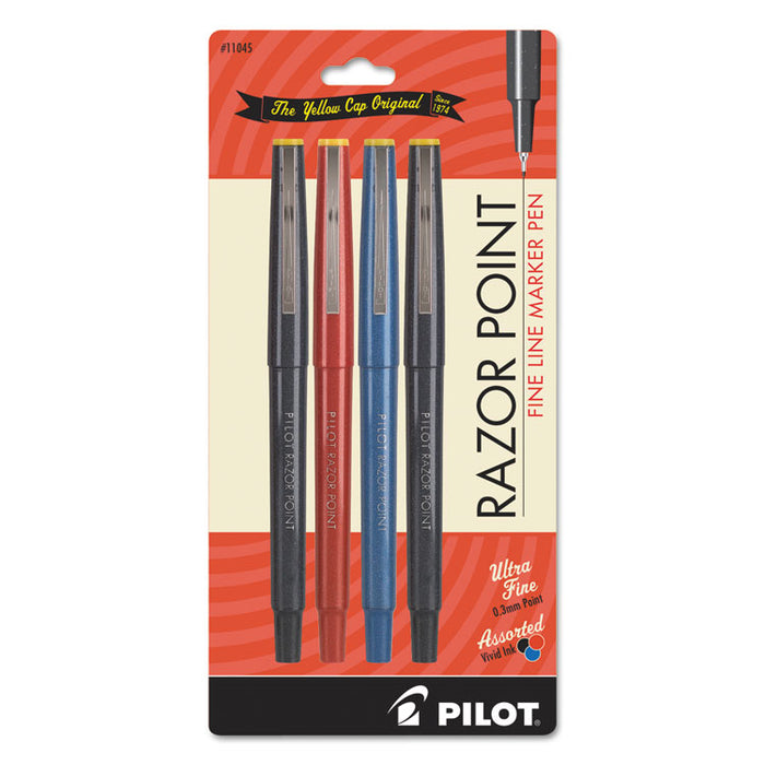 Razor Point Stick Porous Point Marker Pen, 0.3mm, Assorted Ink/Barrel, 4/Pack