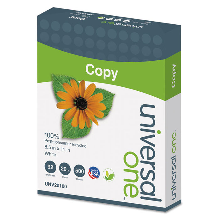 100% Recycled Copy Paper, 92 Bright, 20lb, 8.5 x 11, White, 500 Sheets/Ream, 10 Reams/Carton