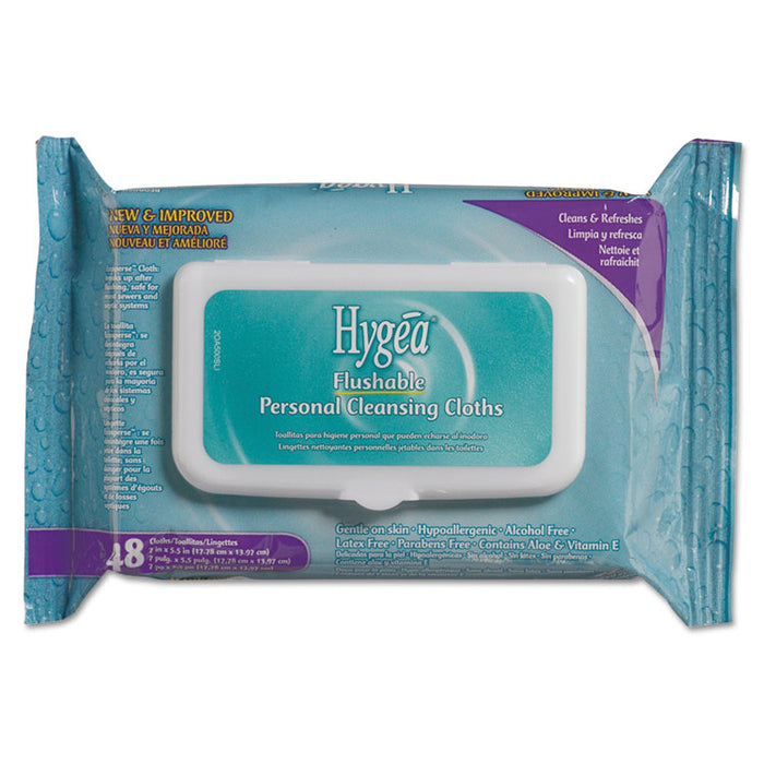 Hygea Flushable Personal Cleansing Cloths, 6 1/4x5 3/8, White,48/Pack,12/Carton