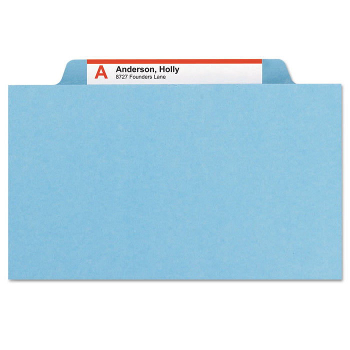 Four-Section Pressboard Top Tab Classification Folders with SafeSHIELD Fasteners, 1 Divider, Letter Size, Blue, 10/Box