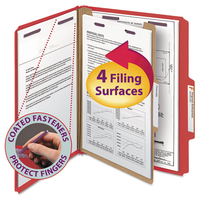 Four-Section Pressboard Top Tab Classification Folders with SafeSHIELD Fasteners, 1 Divider, Letter Size, Bright Red, 10/Box