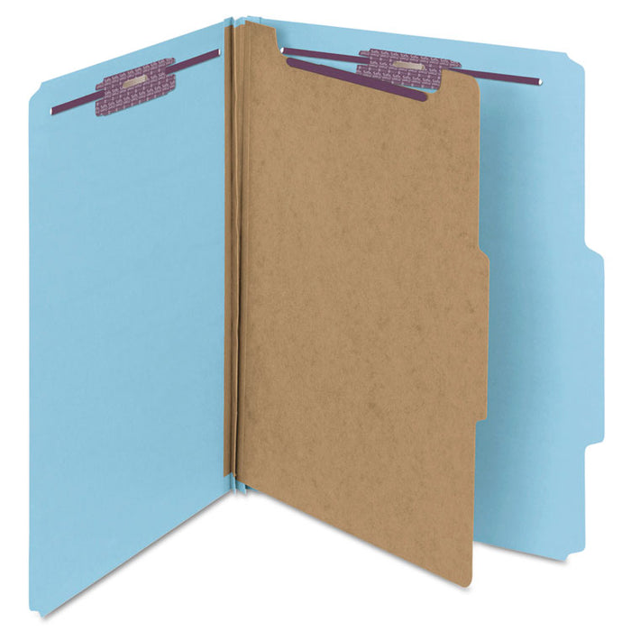 Four-Section Pressboard Top Tab Classification Folders with SafeSHIELD Fasteners, 1 Divider, Letter Size, Blue, 10/Box