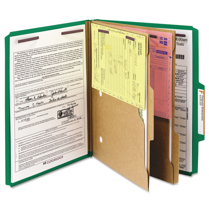 6-Section Pressboard Top Tab Pocket-Style Classification Folders with SafeSHIELD Fasteners, 2 Dividers, Letter, Green, 10/Box