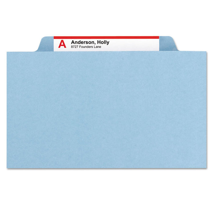 Eight-Section Pressboard Top Tab Classification Folders with SafeSHIELD Fasteners, 3 Dividers, Letter Size, Blue, 10/Box