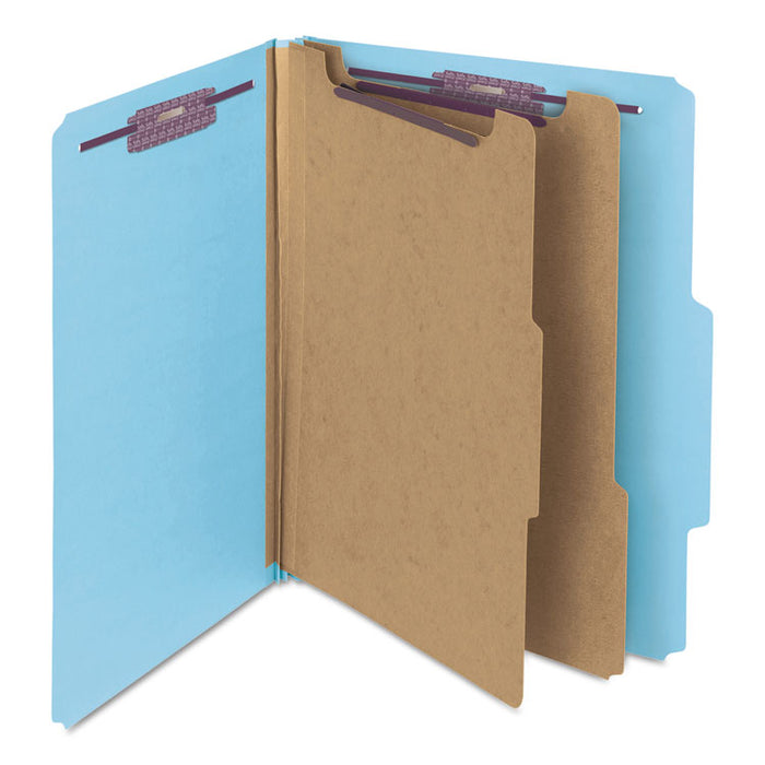 Six-Section Pressboard Top Tab Classification Folders with SafeSHIELD Fasteners, 2 Dividers, Letter Size, Blue, 10/Box