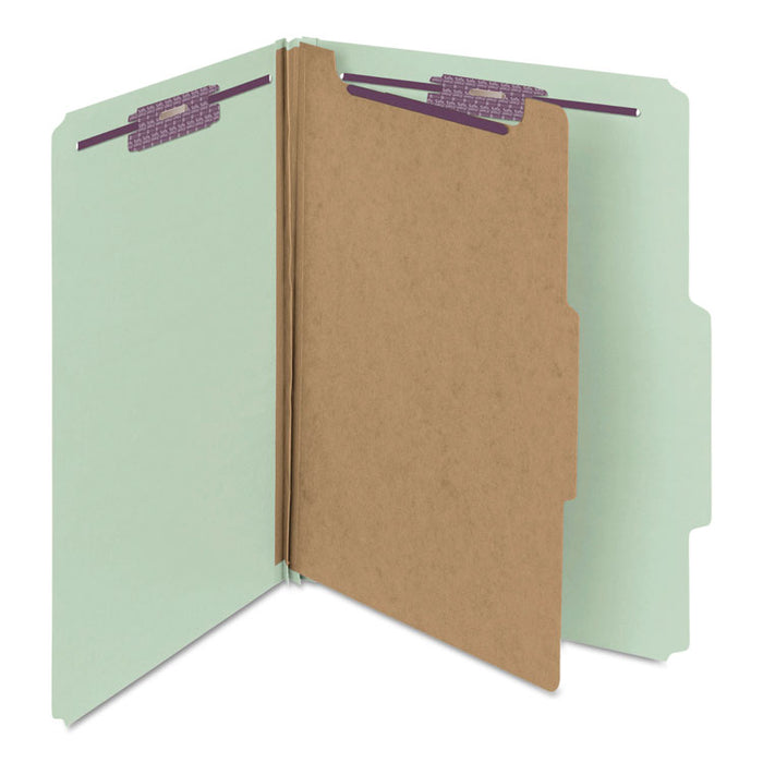 Pressboard Classification Folders with SafeSHIELD Coated Fasteners, 2/5 Cut, 1 Divider, Letter Size, Gray-Green, 10/Box