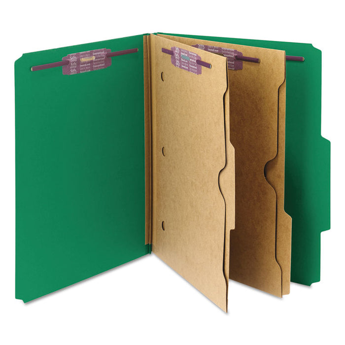 6-Section Pressboard Top Tab Pocket-Style Classification Folders with SafeSHIELD Fasteners, 2 Dividers, Letter, Green, 10/Box