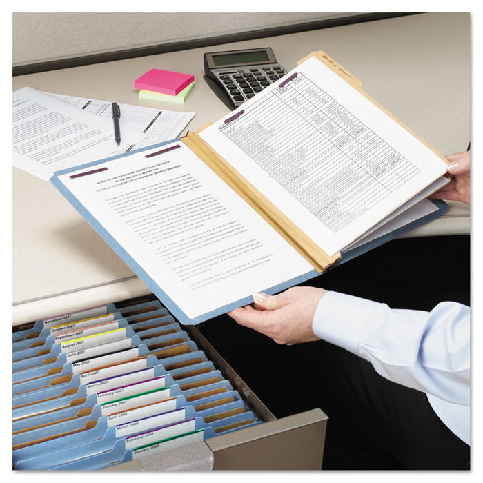 Six-Section Pressboard Top Tab Classification Folders with SafeSHIELD Fasteners, 2 Dividers, Legal Size, Blue, 10/Box