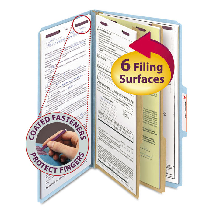 Six-Section Pressboard Top Tab Classification Folders with SafeSHIELD Fasteners, 2 Dividers, Legal Size, Blue, 10/Box