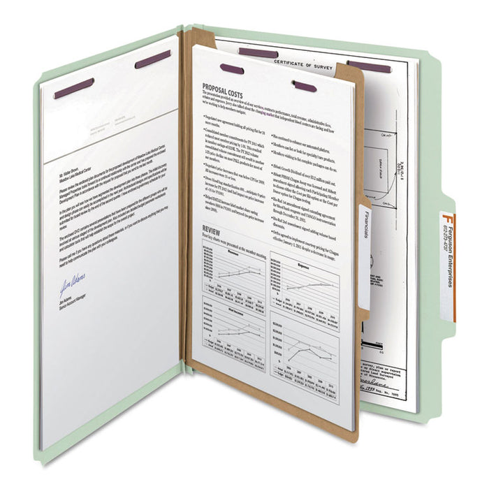 Pressboard Classification Folders with SafeSHIELD Coated Fasteners, 2/5 Cut, 1 Divider, Letter Size, Gray-Green, 10/Box