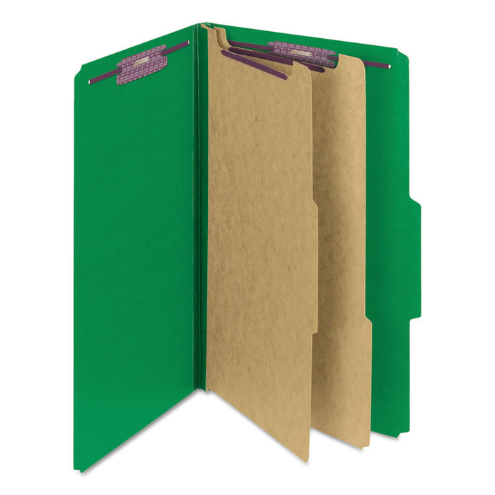 Six-Section Pressboard Top Tab Classification Folders with SafeSHIELD Fasteners, 2 Dividers, Legal Size, Green, 10/Box