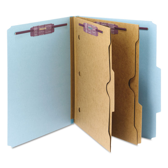 6-Section Pressboard Top Tab Pocket-Style Classification Folders with SafeSHIELD Fasteners, 2 Dividers, Letter, Blue, 10/Box