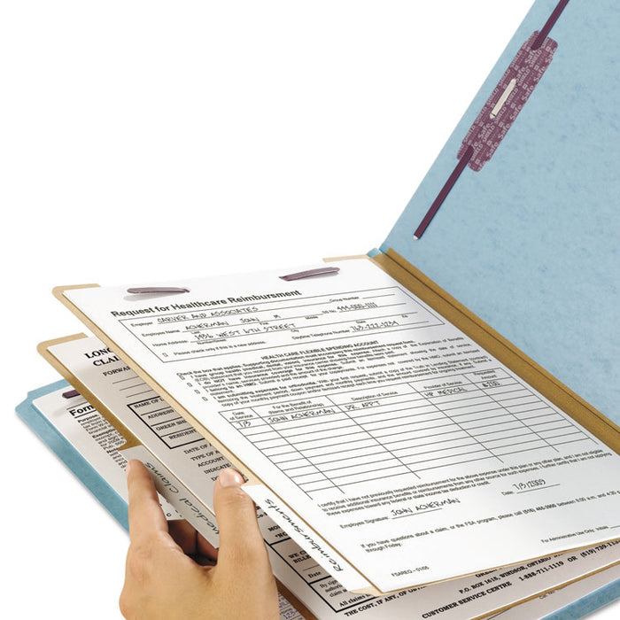 Six-Section Pressboard Top Tab Classification Folders with SafeSHIELD Fasteners, 2 Dividers, Legal Size, Blue, 10/Box