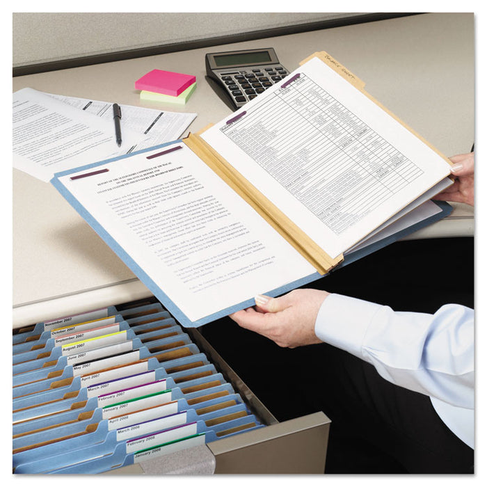 Eight-Section Pressboard Top Tab Classification Folders with SafeSHIELD Fasteners, 3 Dividers, Letter Size, Blue, 10/Box