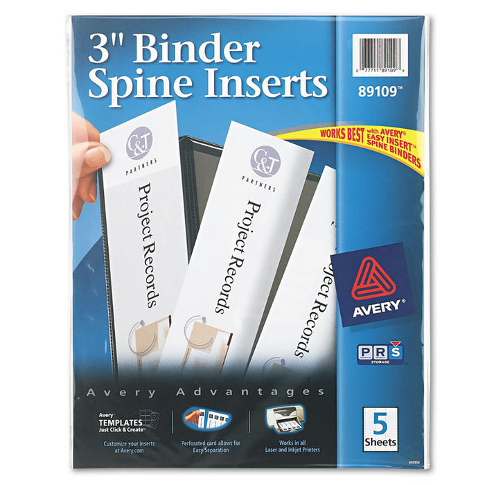 Binder Spine Inserts, 3" Spine Width, 3 Inserts/Sheet, 5 Sheets/Pack