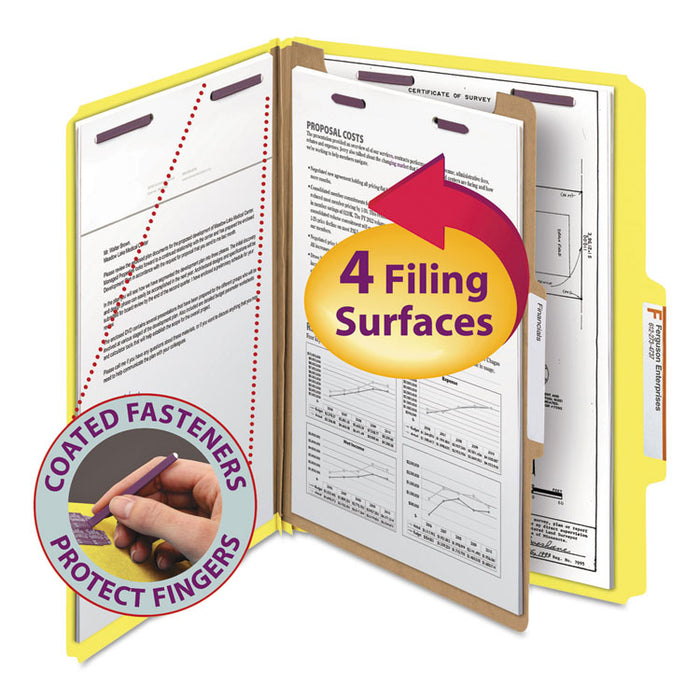 Four-Section Pressboard Top Tab Classification Folders with SafeSHIELD Fasteners, 1 Divider, Letter Size, Yellow, 10/Box