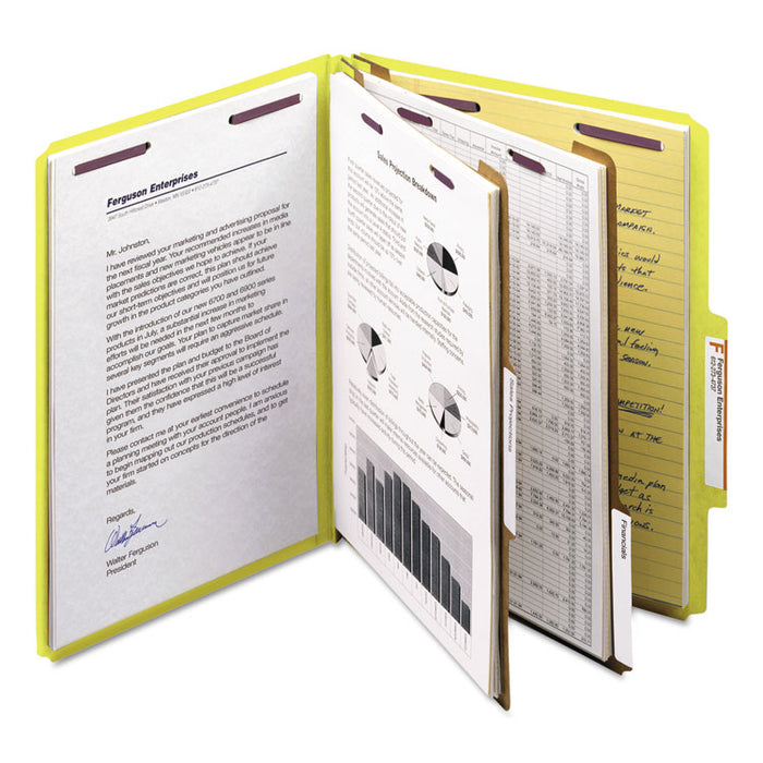 Six-Section Pressboard Top Tab Classification Folders with SafeSHIELD Fasteners, 2 Dividers, Letter Size, Yellow, 10/Box