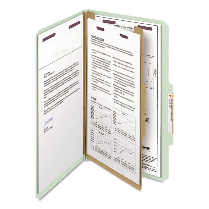Pressboard Classification Folders with SafeSHIELD Coated Fasteners, 2/5 Cut, 1 Divider, Legal Size, Gray-Green, 10/Box