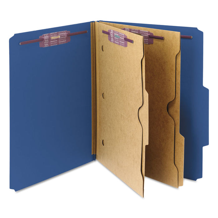 6-Section Pressboard Top Tab Pocket-Style Classification Folders with SafeSHIELD Fasteners, 2 Dividers, Letter, Blue, 10/Box