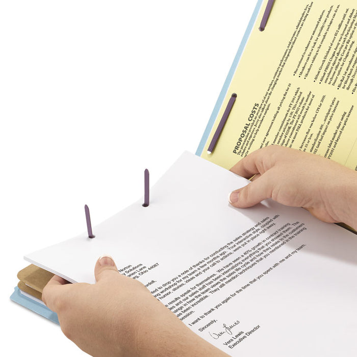 Six-Section Pressboard Top Tab Classification Folders with SafeSHIELD Fasteners, 2 Dividers, Legal Size, Blue, 10/Box