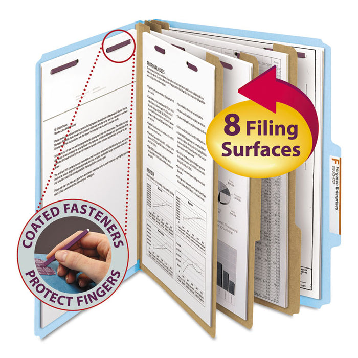 Eight-Section Pressboard Top Tab Classification Folders with SafeSHIELD Fasteners, 3 Dividers, Letter Size, Blue, 10/Box