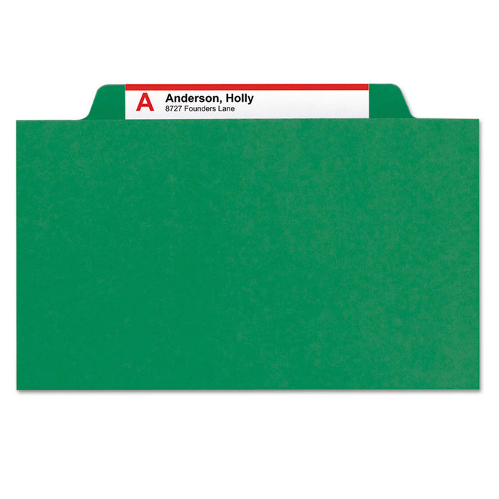 Six-Section Pressboard Top Tab Classification Folders with SafeSHIELD Fasteners, 2 Dividers, Legal Size, Green, 10/Box