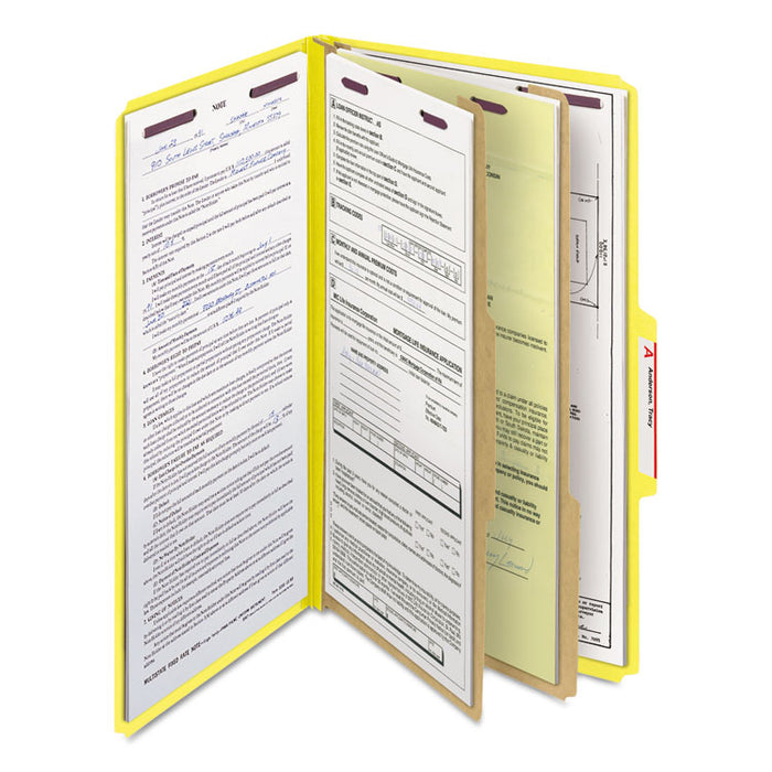 Six-Section Pressboard Top Tab Classification Folders with SafeSHIELD Fasteners, 2 Dividers, Legal Size, Yellow, 10/Box