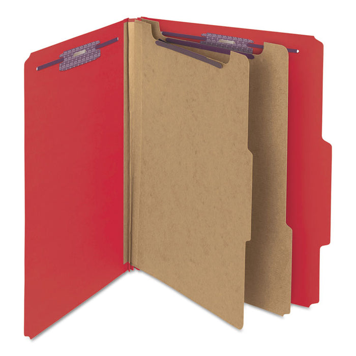 Six-Section Pressboard Top Tab Classification Folders with SafeSHIELD Fasteners, 2 Dividers, Letter Size, Bright Red, 10/Box