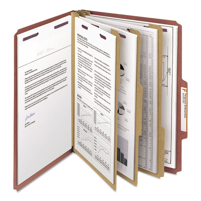 Pressboard Classification Folders with SafeSHIELD Coated Fasteners, 2/5 Cut, 3 Dividers, Letter Size, Red, 10/Box