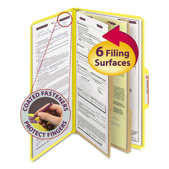 Six-Section Pressboard Top Tab Classification Folders with SafeSHIELD Fasteners, 2 Dividers, Legal Size, Yellow, 10/Box