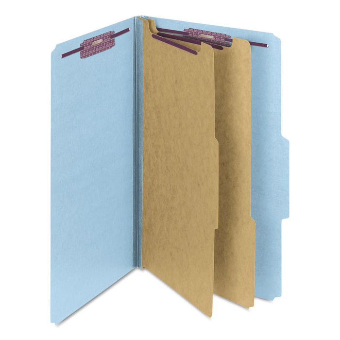 Six-Section Pressboard Top Tab Classification Folders with SafeSHIELD Fasteners, 2 Dividers, Legal Size, Blue, 10/Box