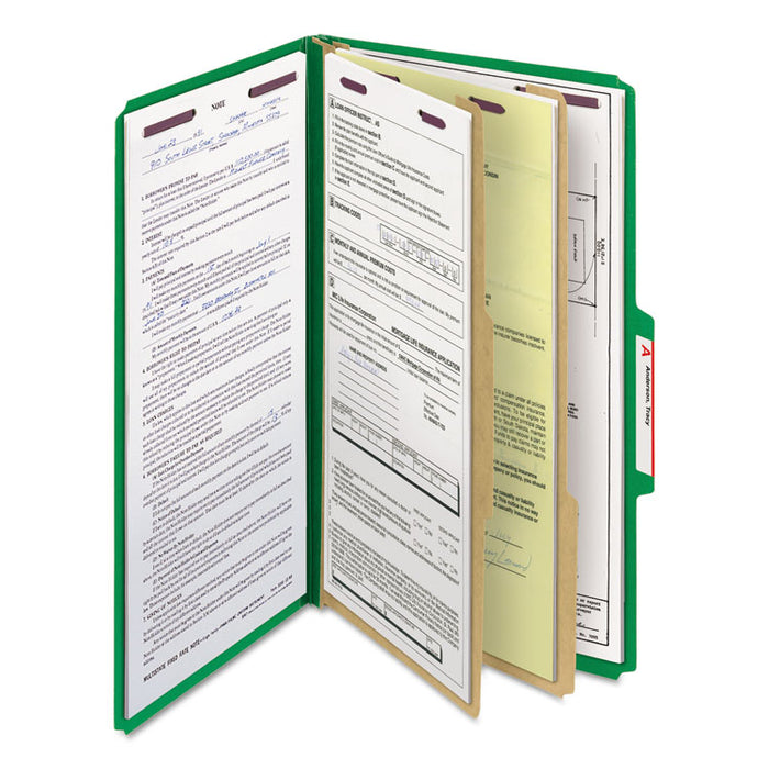 Six-Section Pressboard Top Tab Classification Folders with SafeSHIELD Fasteners, 2 Dividers, Legal Size, Green, 10/Box