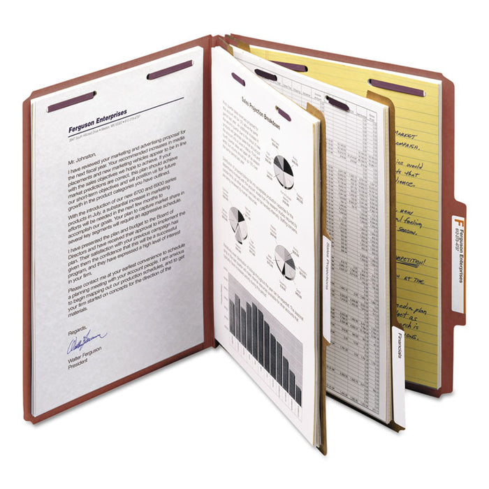 Pressboard Classification Folders with SafeSHIELD Coated Fasteners, 2/5 Cut, 2 Dividers, Letter Size, Red, 10/Box