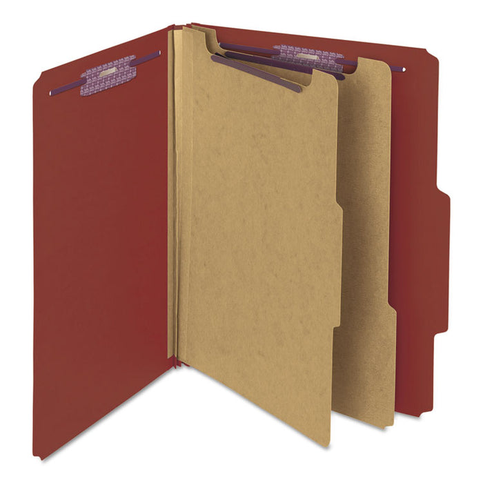 Pressboard Classification Folders with SafeSHIELD Coated Fasteners, 2/5 Cut, 2 Dividers, Letter Size, Red, 10/Box