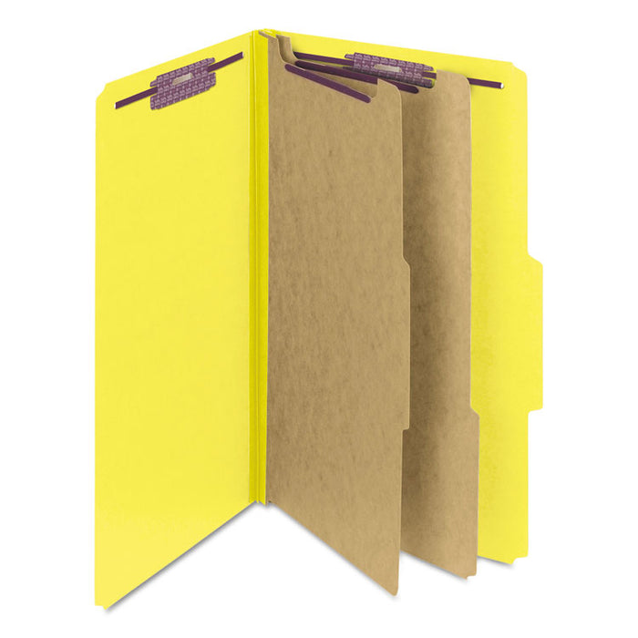 Six-Section Pressboard Top Tab Classification Folders with SafeSHIELD Fasteners, 2 Dividers, Legal Size, Yellow, 10/Box