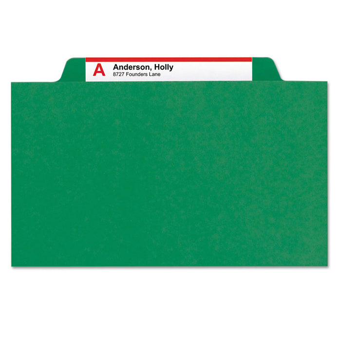 Six-Section Pressboard Top Tab Classification Folders with SafeSHIELD Fasteners, 2 Dividers, Letter Size, Green, 10/Box