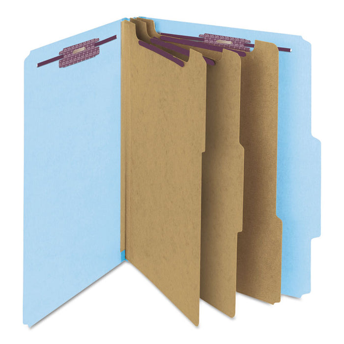 Eight-Section Pressboard Top Tab Classification Folders with SafeSHIELD Fasteners, 3 Dividers, Letter Size, Blue, 10/Box