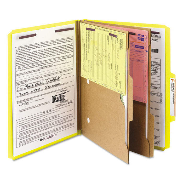 6-Section Pressboard Top Tab Pocket-Style Classification Folders with SafeSHIELD Fasteners, 2 Dividers, Letter, Yellow, 10/BX