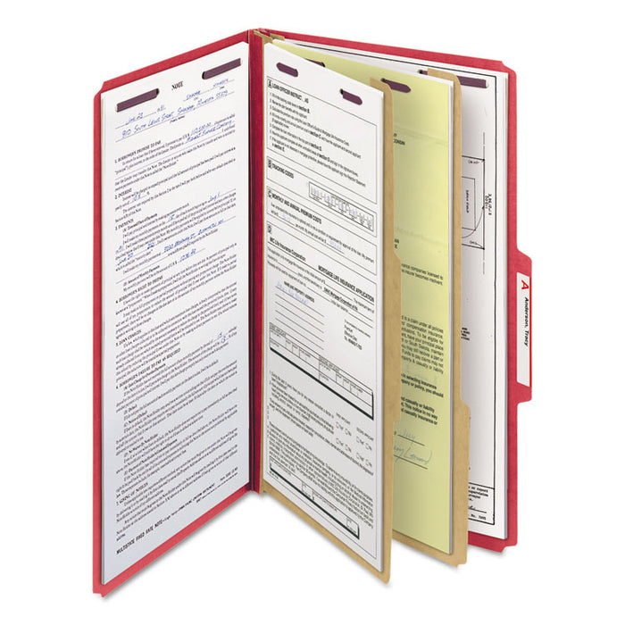 Six-Section Pressboard Top Tab Classification Folders with SafeSHIELD Fasteners, 2 Dividers, Legal Size, Bright Red, 10/Box