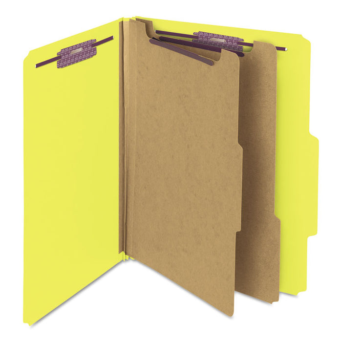 Six-Section Pressboard Top Tab Classification Folders with SafeSHIELD Fasteners, 2 Dividers, Letter Size, Yellow, 10/Box