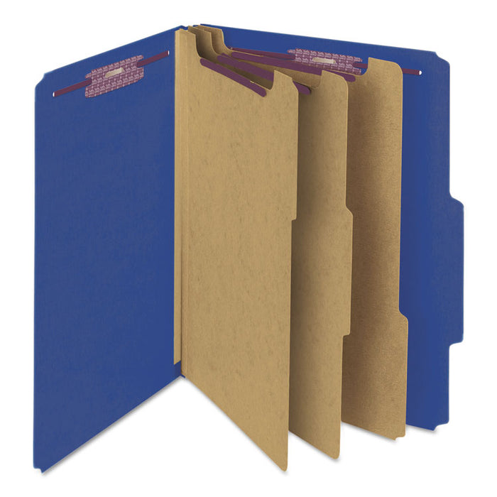Eight-Section Pressboard Top Tab Classification Folders with SafeSHIELD Fasteners, 3 Dividers, Letter Size, Dark Blue, 10/Box