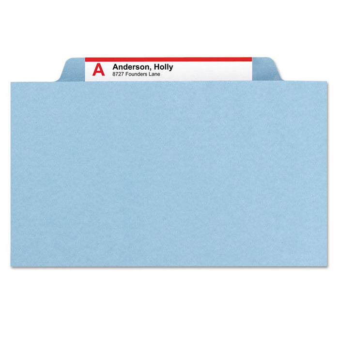 Six-Section Pressboard Top Tab Classification Folders with SafeSHIELD Fasteners, 2 Dividers, Legal Size, Blue, 10/Box