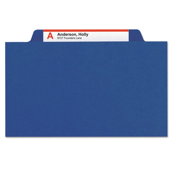 Six-Section Pressboard Top Tab Classification Folders with SafeSHIELD Fasteners, 2 Dividers, Letter Size, Dark Blue, 10/Box