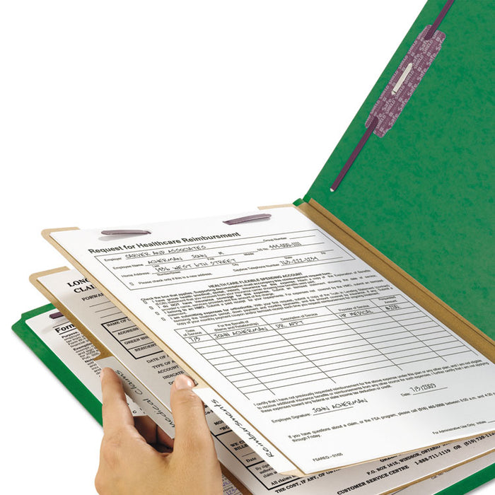 Six-Section Pressboard Top Tab Classification Folders with SafeSHIELD Fasteners, 2 Dividers, Legal Size, Green, 10/Box