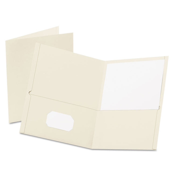 Twin-Pocket Folder, Embossed Leather Grain Paper, White, 25/Box