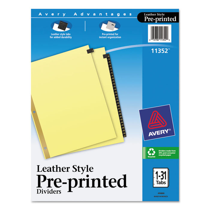 Preprinted Black Leather Tab Dividers w/Gold Reinforced Edge, 31-Tab, Ltr