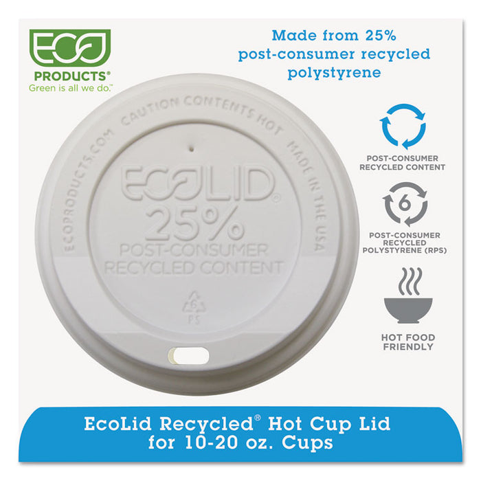 EcoLid 25% Recyycled Content Hot Cup Lid, White, Fits 10 oz to 20 oz Cups, 100/Pack, 10 Packs/Carton
