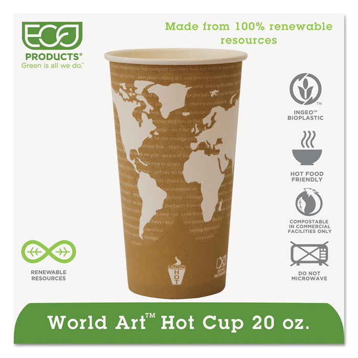 World Art Renewable and Compostable Hot Cups, 20 oz, 50/Pack, 20 Packs/Carton