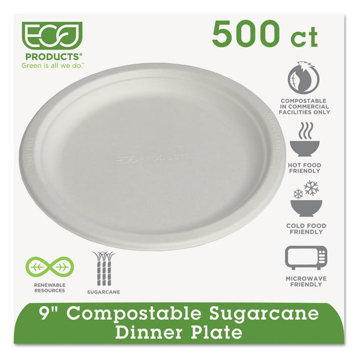 Renewable and Compostable Sugarcane Plates, 9" dia, Natural White, 500/Carton